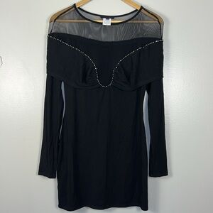 h:ours Black‎ Mesh Overlay Beaded Sheer Long Sleeve Sheath Dress Size S